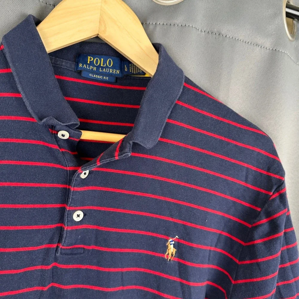 Polo Ralph Lauren Mens Classic Fit Navy Blue Red Striped Polo Shirt Large